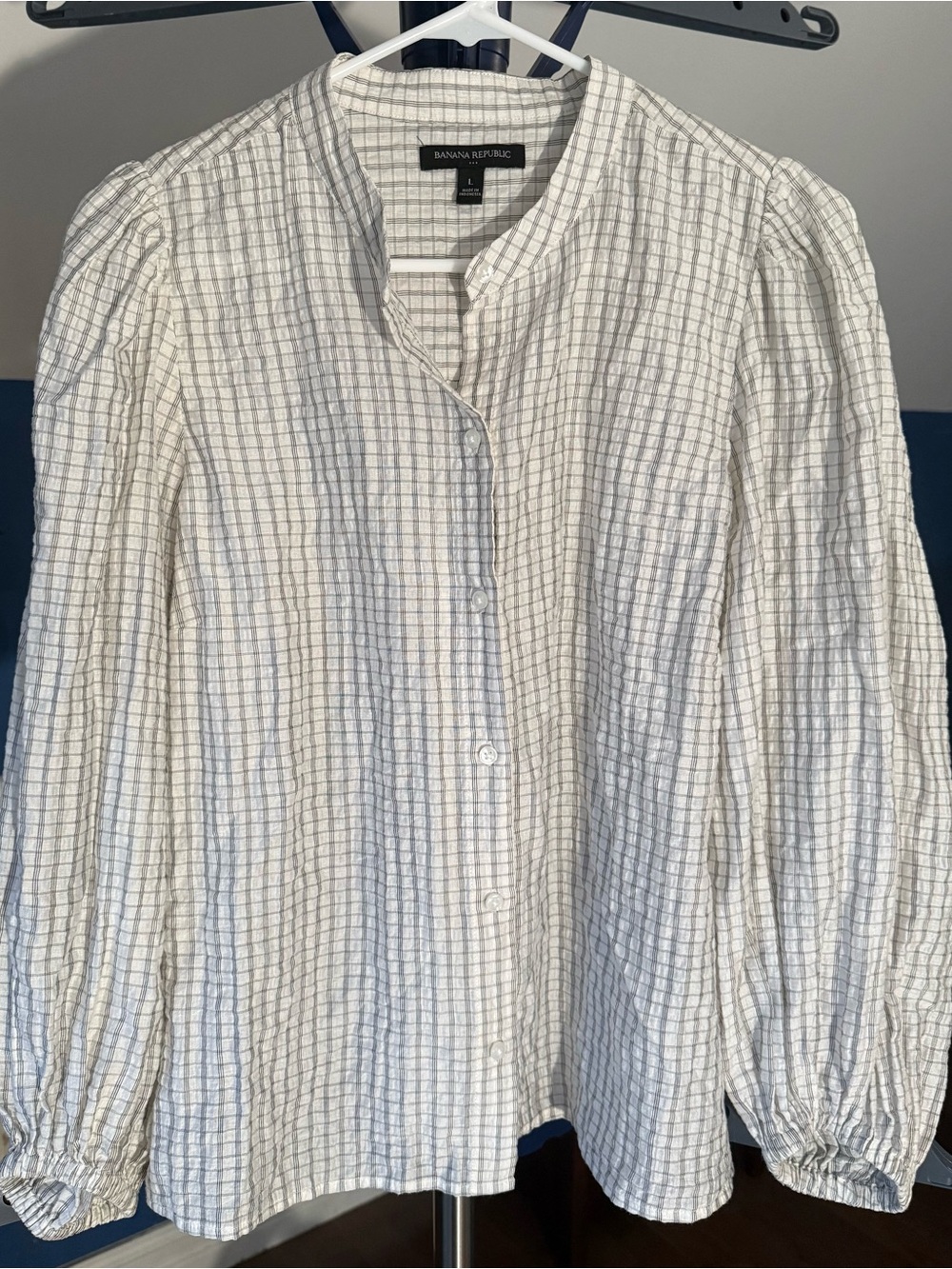 Banana Republic cream and Light Gray Checked Button-Front Blouse
